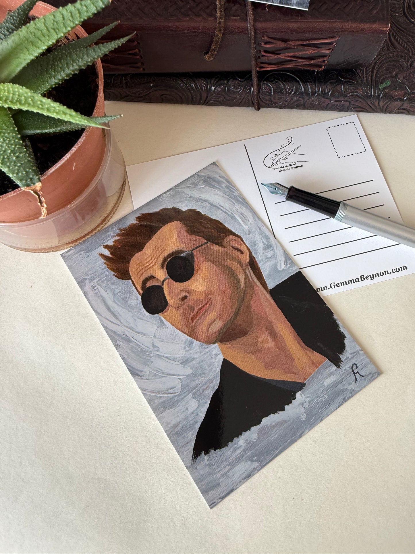A5 Glossy Postcard of Crowley by Gemma Beynon featuring David Tennant as Demon Crowley from Good Omens 