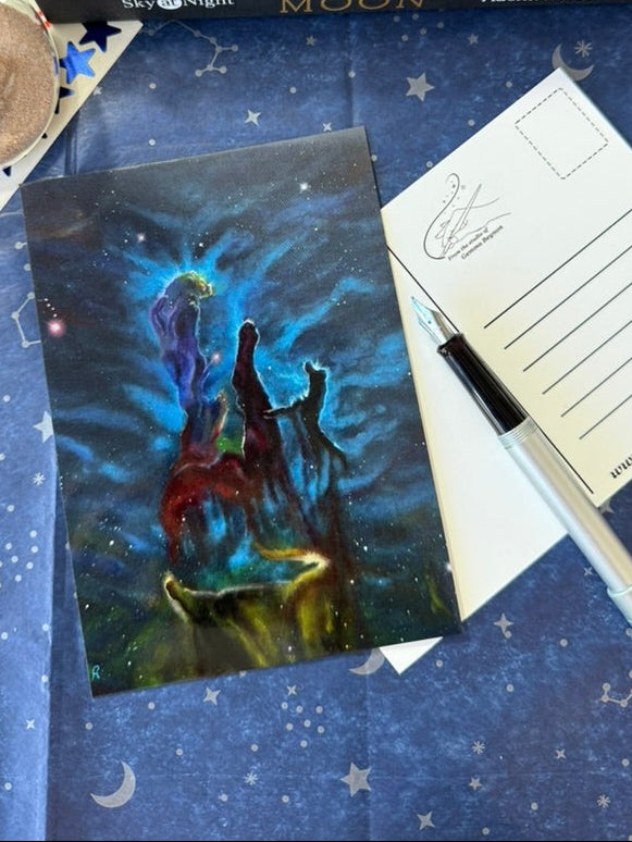 A6 postcard front and back Pillars of Creation nebula painting by gemma beynon