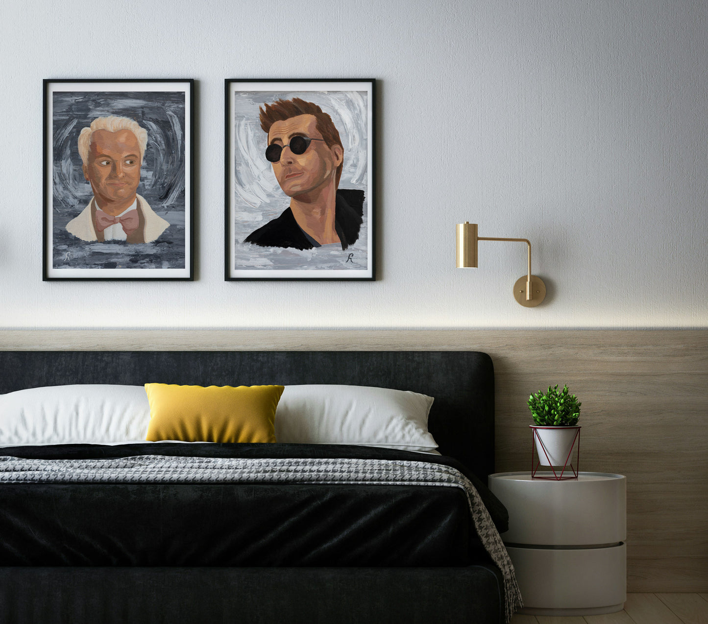 Modern bedroom with two framed portraits of Aziraphael Michael Sheen and Crowley David Tennant above a bed, a nightstand with a plant, and wall sconce.