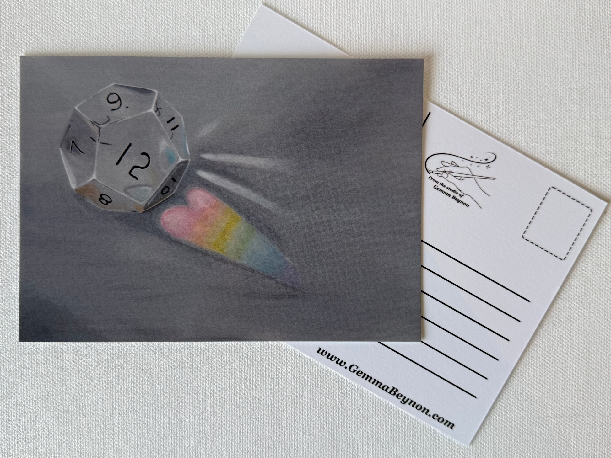 Postcard with a die and heart illustration with a glossy finish
