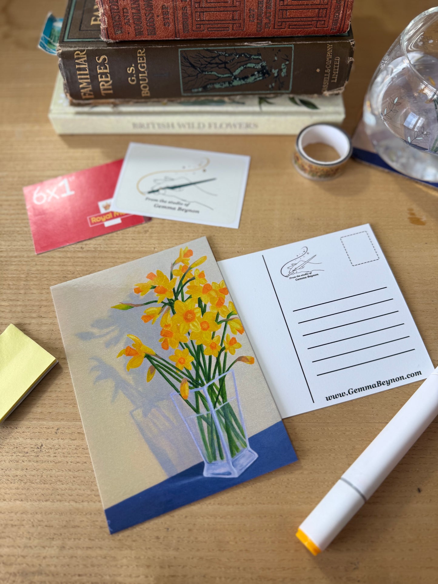 Postcard of Daffodils with shadow of Welsh dragon based on a painting by Gemma Beynon front and back