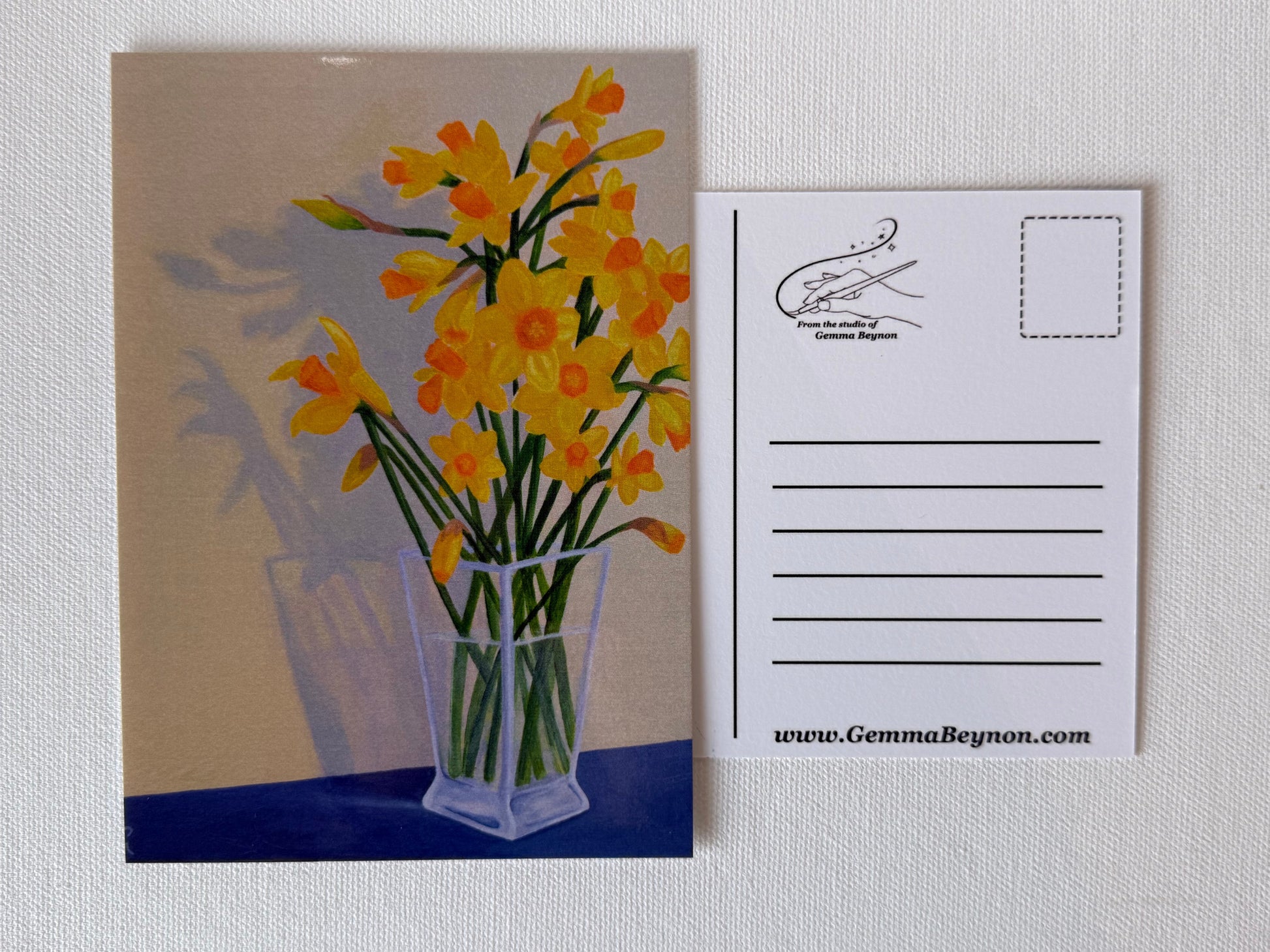 Postcard of Daffodils with shadow of Welsh dragon based on a painting by Gemma Beynon 