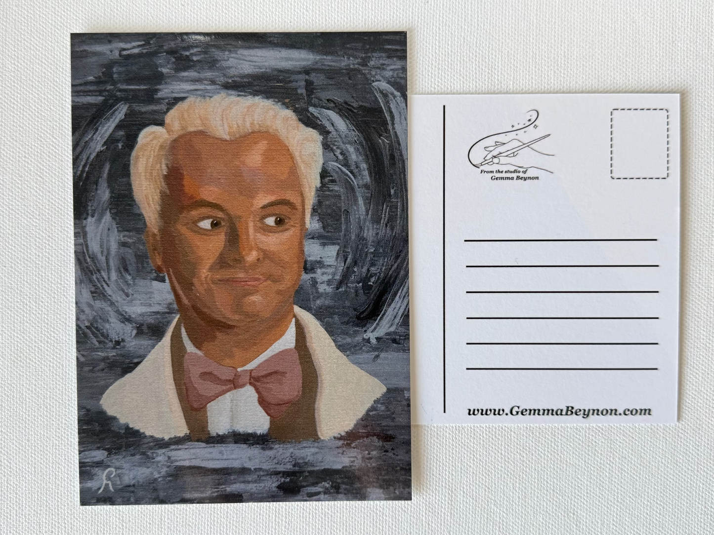 Postcard front and back of a portrait of Angel Aziraphael Michael Sheen Good Omens
