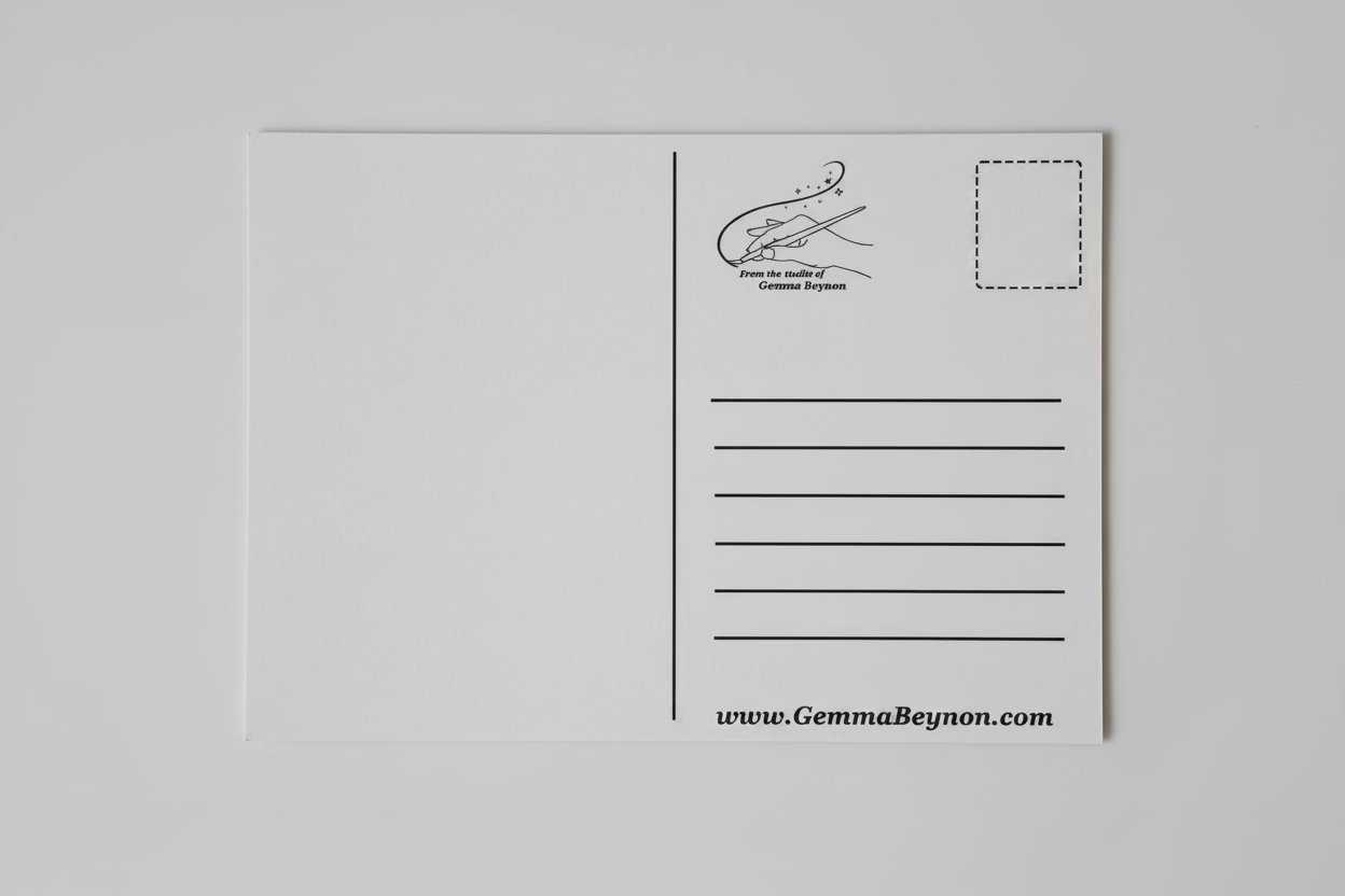 White postcard by Gemma Beynon with printed text and design on a textured beige background
